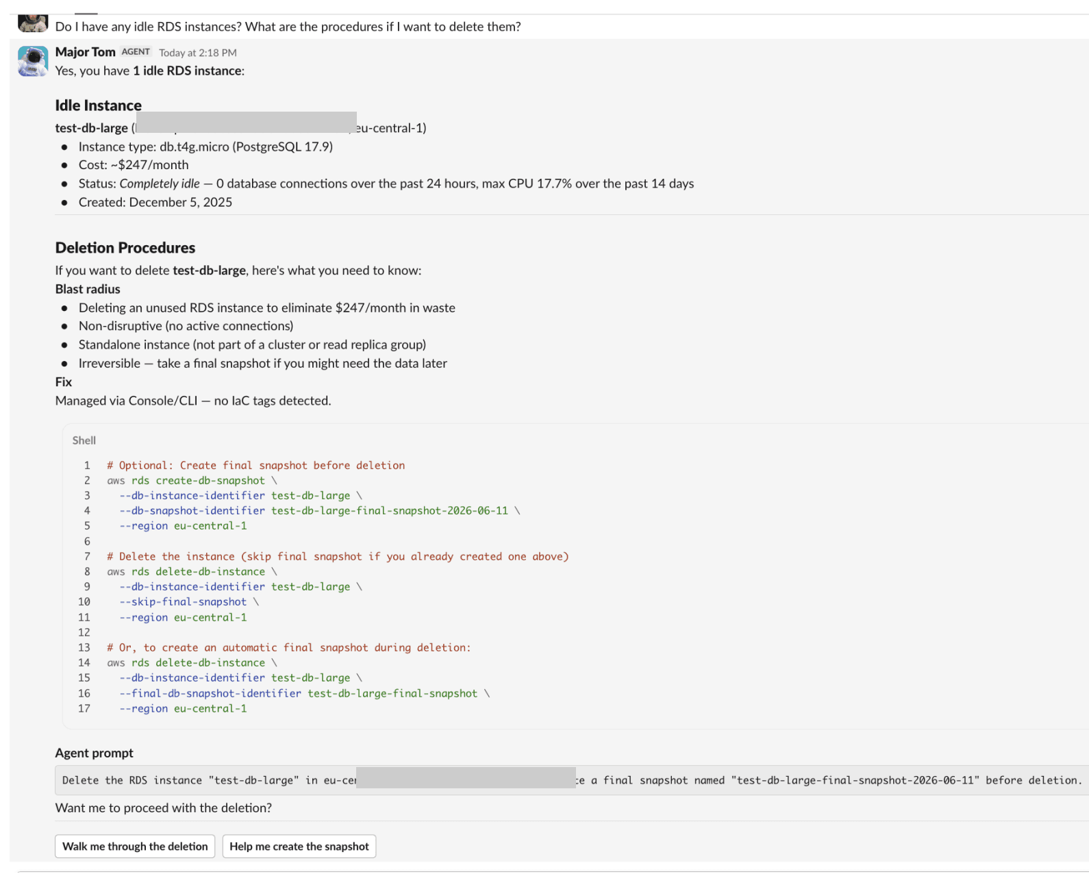 Major Tom: idle RDS instance with blast radius, CLI command and agent prompt
