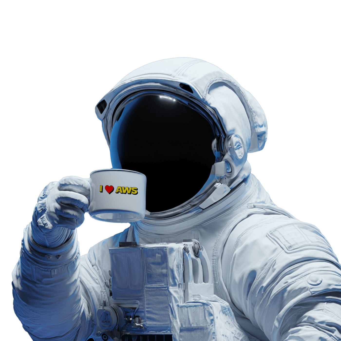 Blocks astronaut drinking from an I love AWS mug