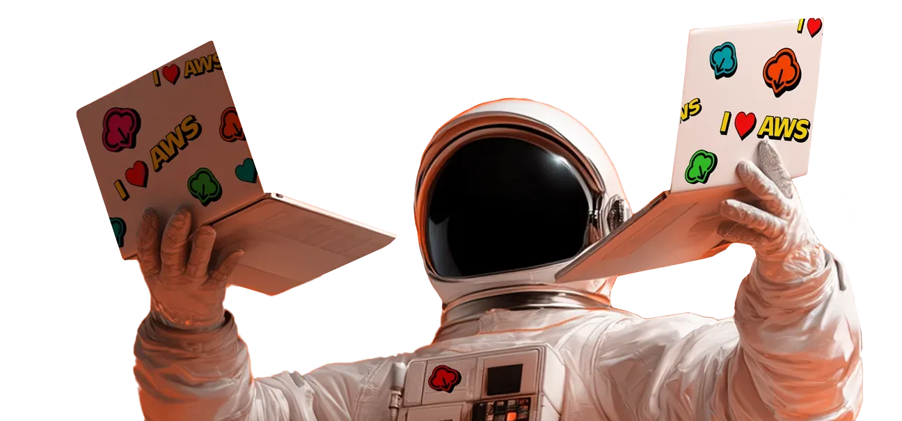 Astronaut holding two laptops